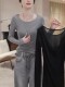Gray Backless Mesh Patchwork Long-Sleeve T-Shirt for Women 2025 New Style Base Shirt Super Pretty Unique Plus-Size Top