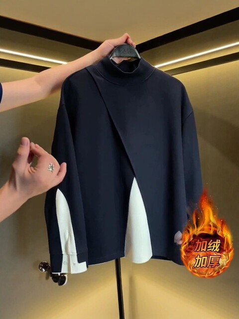 Light Luxury Men's Clothing, Plus-Size Trendy Brand, Men's 2025 Autumn and Winter New Style, Color-Blocking, Irregular Design, Long-Sleeve Top