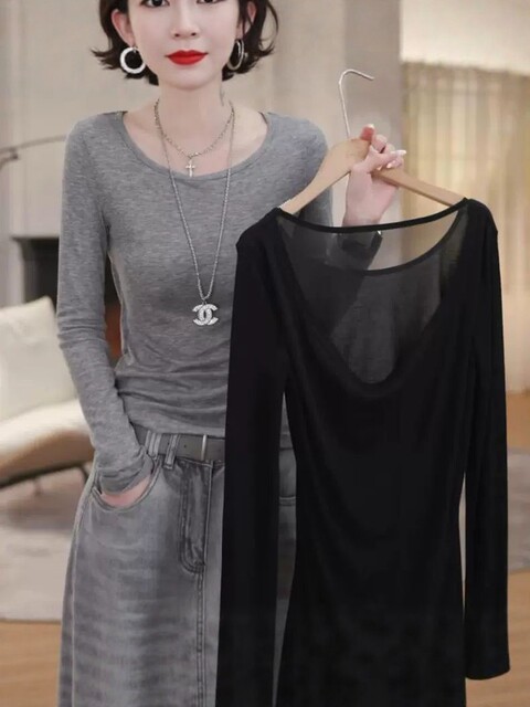 Gray Backless Mesh Patchwork Long-Sleeve T-Shirt for Women 2025 New Style Base Shirt Super Pretty Unique Plus-Size Top