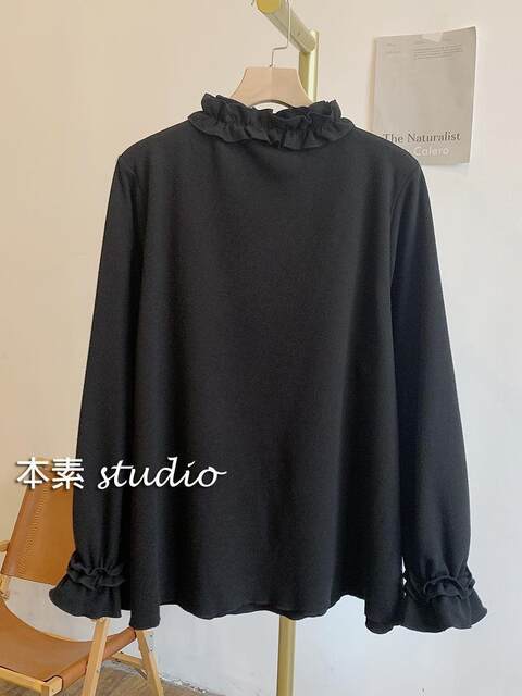 Plus Size 100kg for Chubby Girls, Brushed Ruffled Half-High Collar Base Shirt T-Shirt for Women, Autumn and Winter Long-Sleeved Top for Women