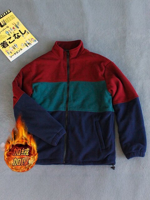 European Polar Fleece Jacket for Men and Women 2025 Winter Warm Casual Retro Contrast Color Stitching Large Size Jacket Top