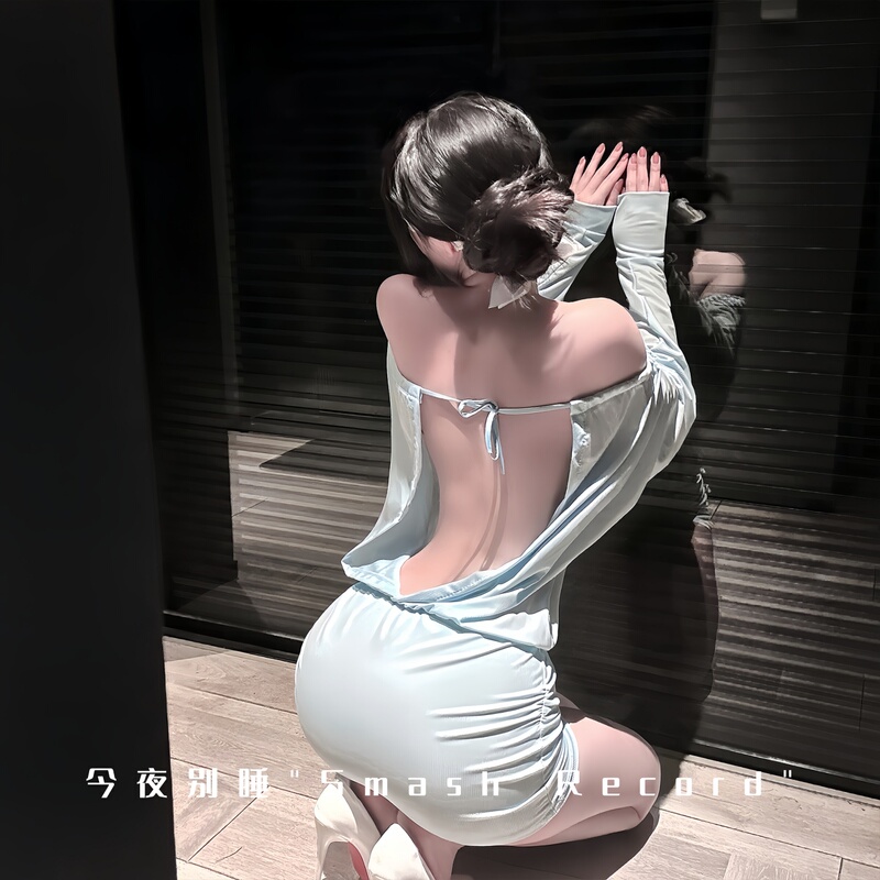 Don'T Sleep Tonight! Internet Celebrity Hot Trend Blue One-Shoulder Long-Sleeve Dress, Sexy Backless Bodycon Mini Dress, Pure Desire for Summer