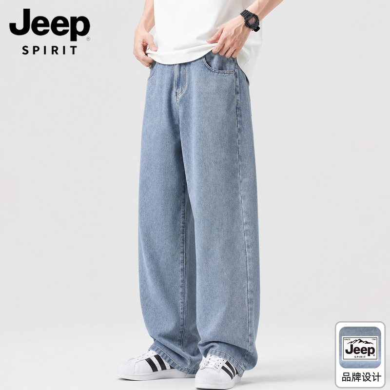 Jeep Curved Blade Washed Denim Jeans for Men, Thin Loose Straight-Leg 2026 Autumn New Light-Colored Casual Long Pants L