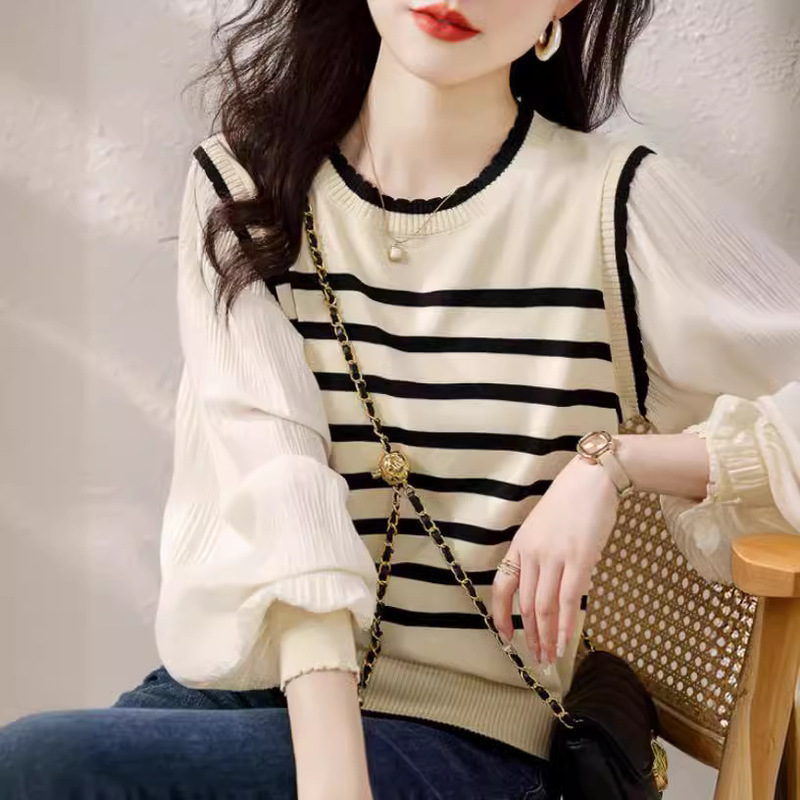 Striped Stylish Knit Sweater for Women, 2026 New Spring Fake Two-Piece Top, Black Base Shirt for Women