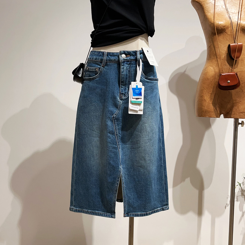 [10 Off for Every 2 Items Purchased] Front Slit Denim Midi Skirt for Women, Summer, Petite, Vintage, Versatile, Mid-Length Skirt
