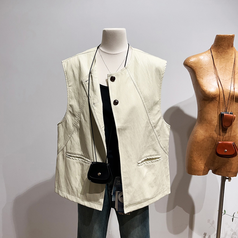 [10 Off for Every 2 Items] High-End Round-Neck Leather Vest for Women, New Spring Style, Loose and Versatile Sleeveless Jacket