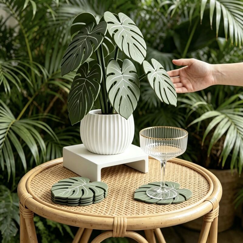 Monstera Plant Coaster Creative Table Decoration Artificial Green Plant Potted Plant Perforated Leaf Mat