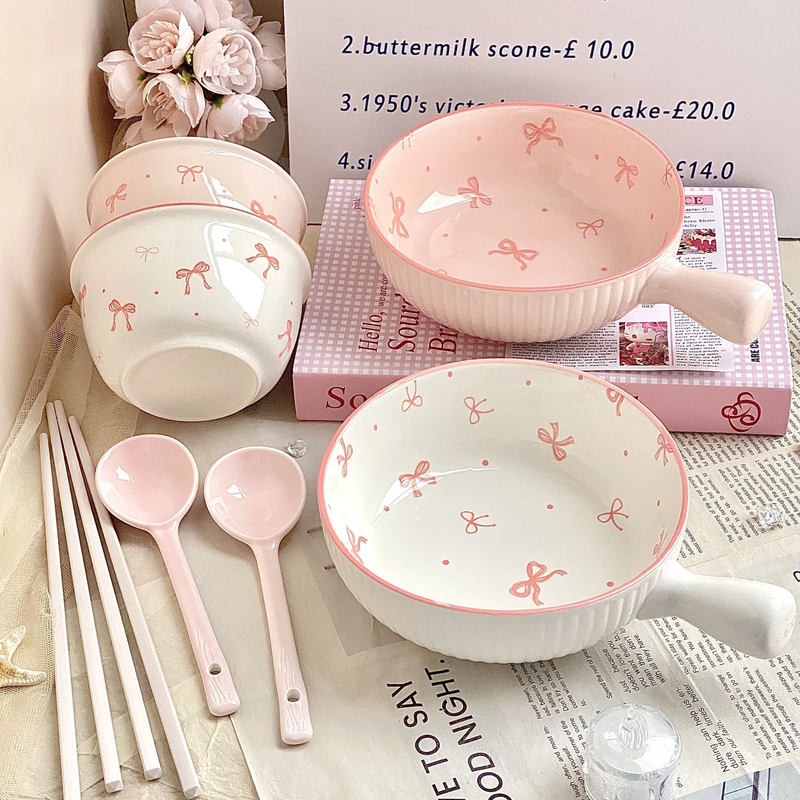 Cute ins Piece Ceramic Bowl Set with Bowknot Handle, Underglaze Color, Rice Bowl, Soup Bowl, High Aesthetic Value, Suitable for Girls, Household Tableware