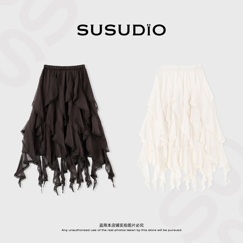 Susudio Spring Irregular Heavy Lace Lightweight Slimming Skirt 2640081