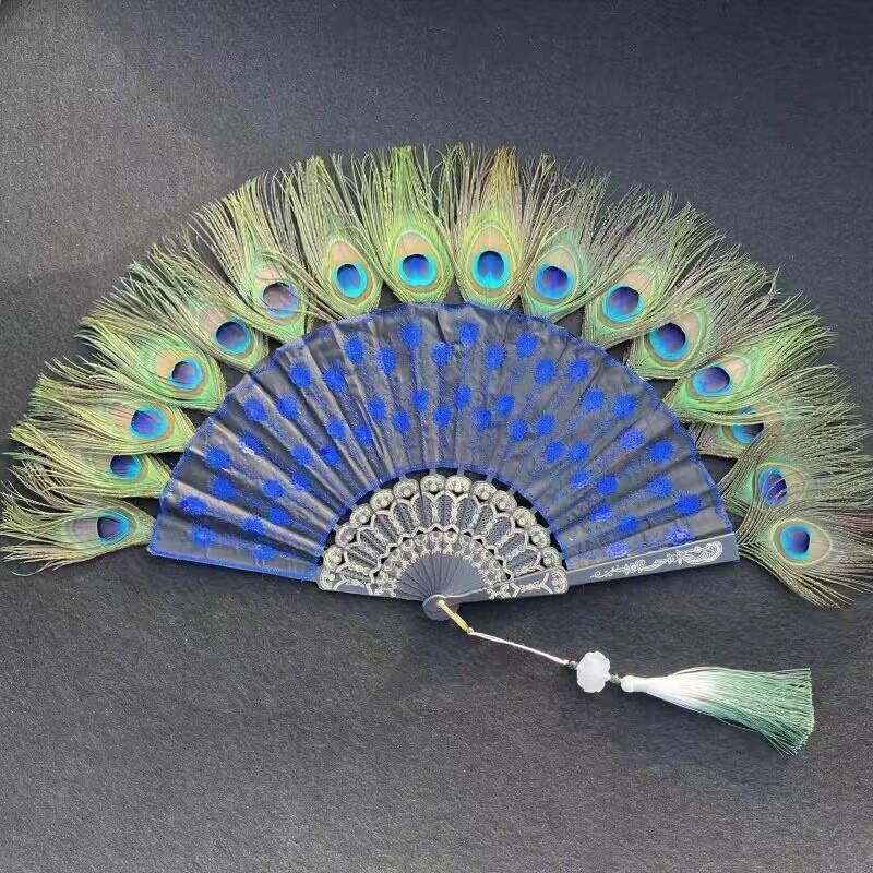 Peacock Feather Folding Fan, Embroidered Fan, Black Handle Sequin Fan, Wing Chun Gift Fan, Zhuge Liang Feather Fan, Chinese Style Peacock Feather Folding Fan, Embroidered Fan, Black Handle Sequin Fan, Wing Chun Gift Fan, Zhuge Liang Feather Fan, Chinese Style