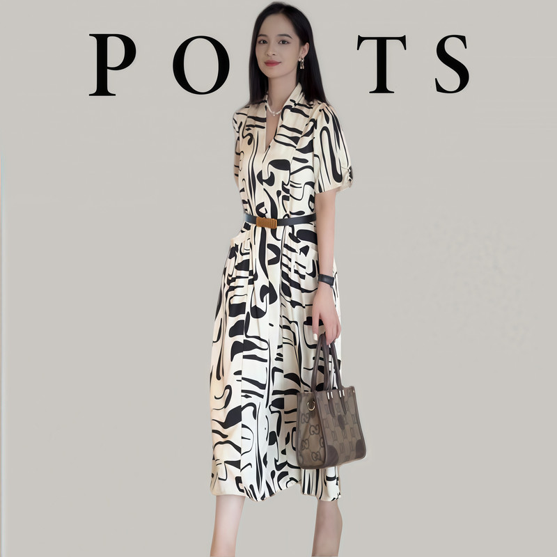 Big Brand Women's Summer High-End Mulberry Silk Textured Color-Block Short-Sleeve Elegant Socialite Belted Slimming V-Neck Dress