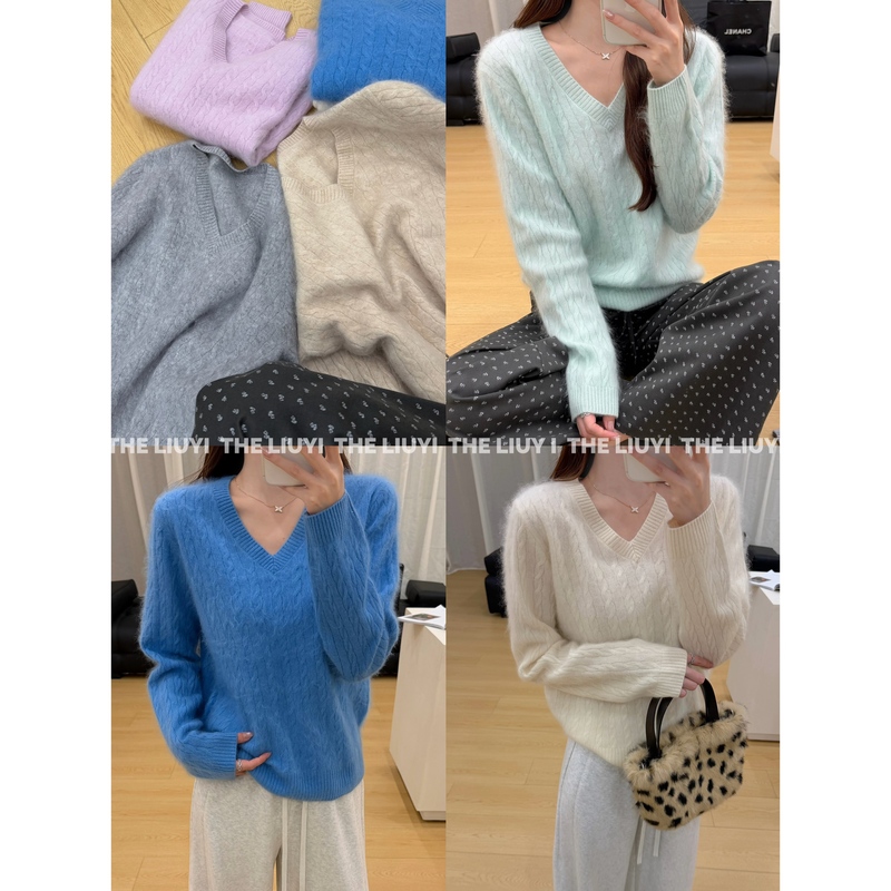 【Liuyi】Marshmallow~Wool Cashmere Mulberry Silk Cable Knit V-Neck Sweater 69112