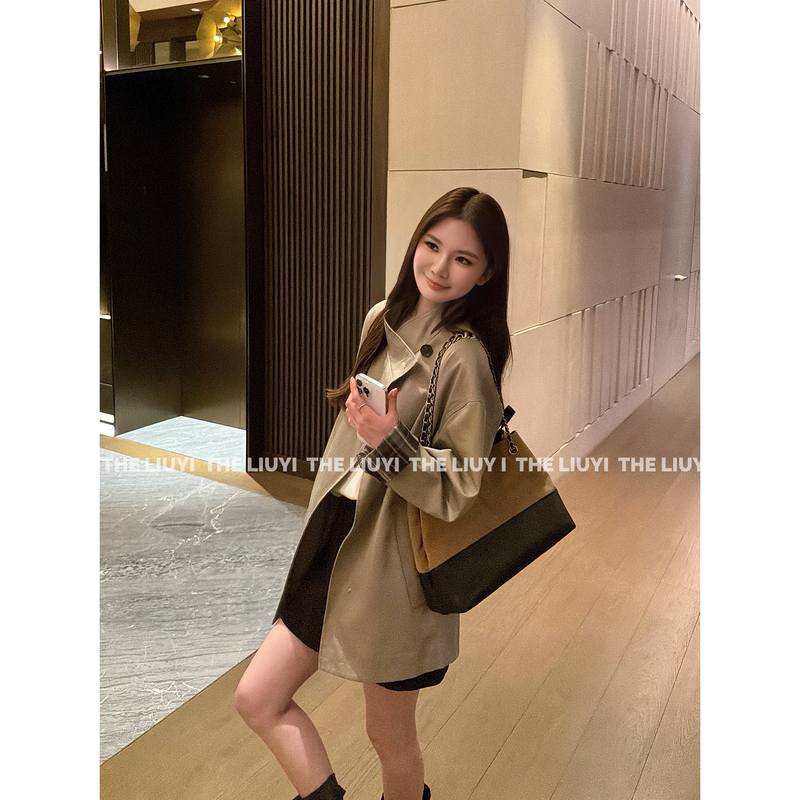 【Liuyi】Little Paris~ Autumn All-Cotton Stand-Up Collar Long-Sleeve Color-Block Plaid Trench Coat 6811C7