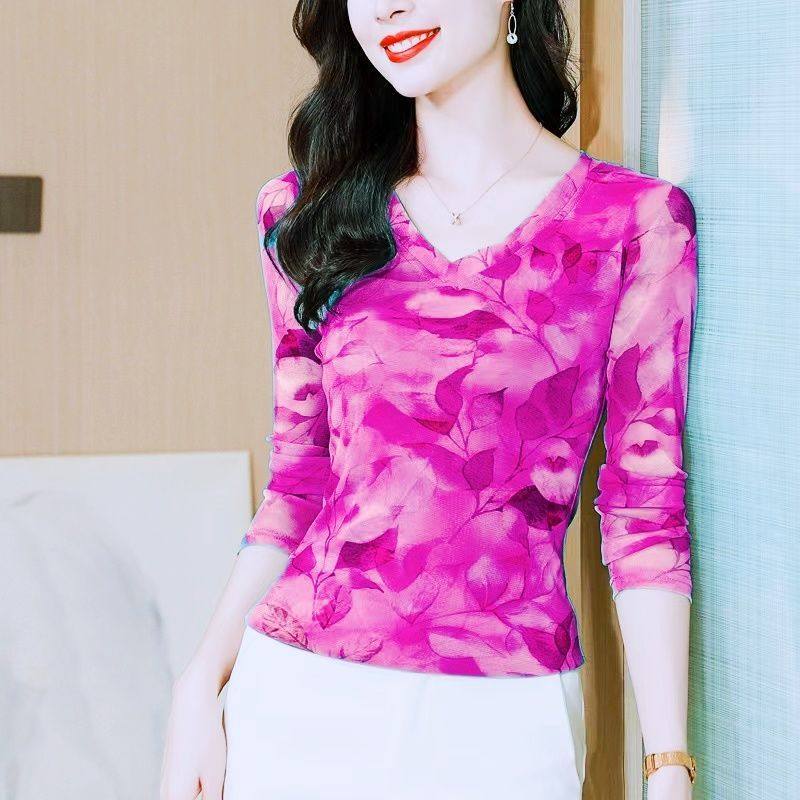 Футболка с V-образным вырезом и длинными рукавами с принтом в западном стиле, женская весенне-осенняя новая стильная тонкая модная блузка для мам, сетчатая рубашка