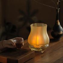 Large Lotus Zen Windproof Candle Holder Retro Chinese Glass Atmosphere Candle Holder Lamp Home Tea Room Decoration