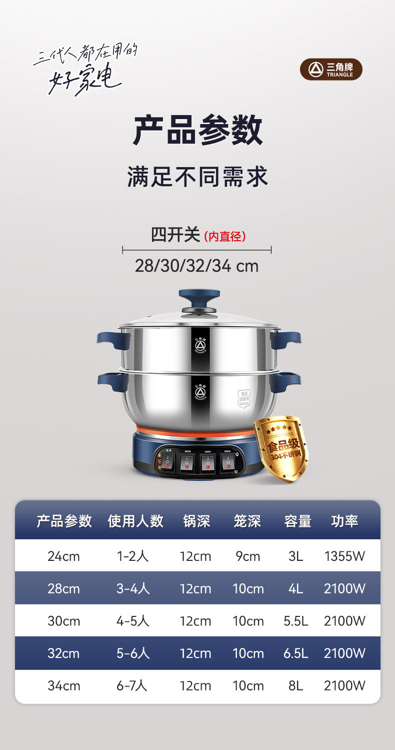 Плиты 三角牌304不锈钢电炒锅加厚多功能家用蒸煮一体电热锅大容量电锅 Triangle