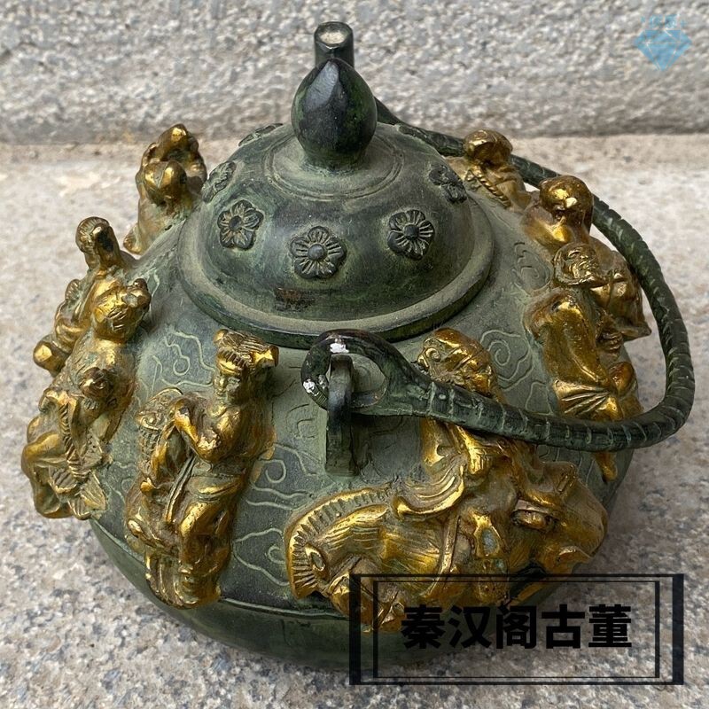 迴流老物件收藏青銅鎏金雕刻八仙壺擺件大明宣德年制酒壺茶壺古玩-淘寶