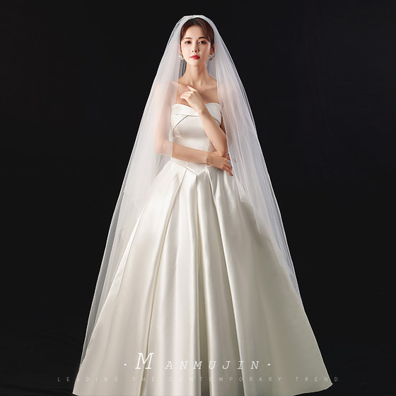 슈퍼 요정 단순한 흰색 소프트 메쉬 평범한 원사 이중 T- 레이어 베일 웨딩 스타일 여행 사진 신부 머리의 긴 버전