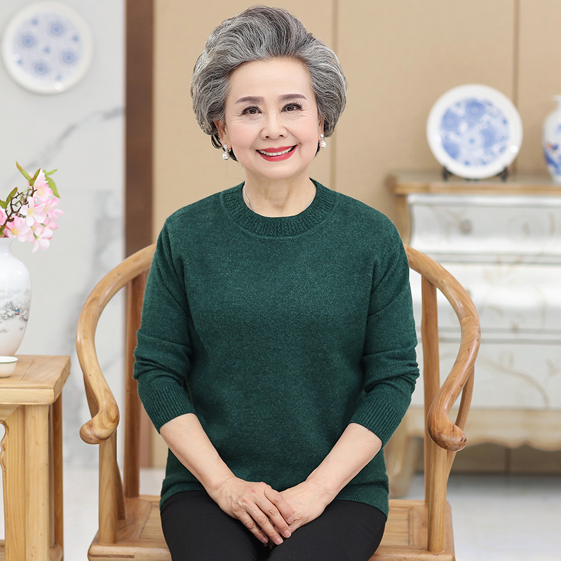 Middle-Aged and Elderly Women's Knit Sweater, Plus Size, Pullover, Solid Color, Spring and Autumn, 100kg Loose Base Shirt, Low Collar, Medium Thickness