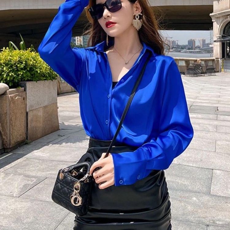 Klein Blue Acetate Satin Shirt for Women, Autumn 2025 New Style, Drapey Anti-Wrinkle Shirt, French Long-Sleeve Top
