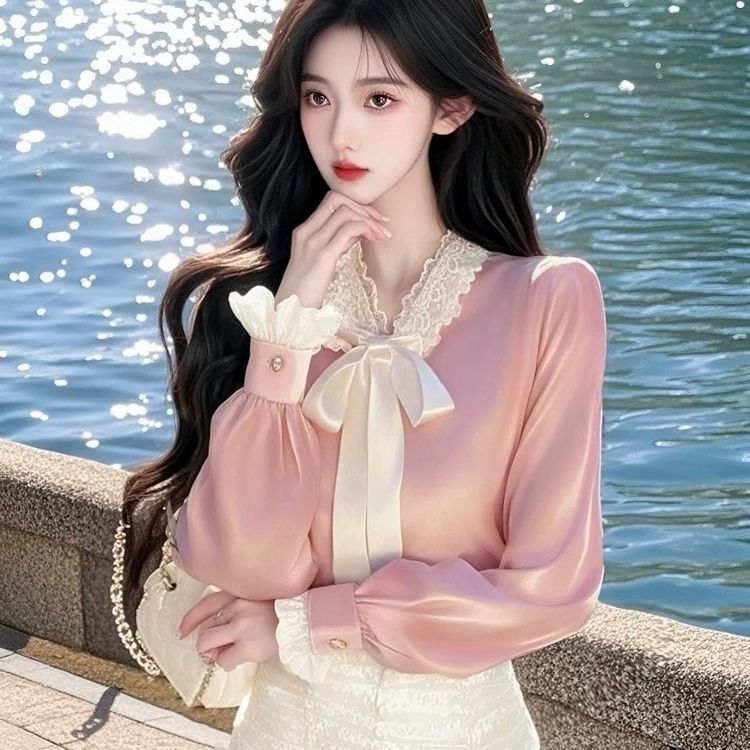 Satin Lace Ribbon Blouse Women's Top 2025 Spring New Style Light Luxury High-End Socialite Chic Temperament Shirt