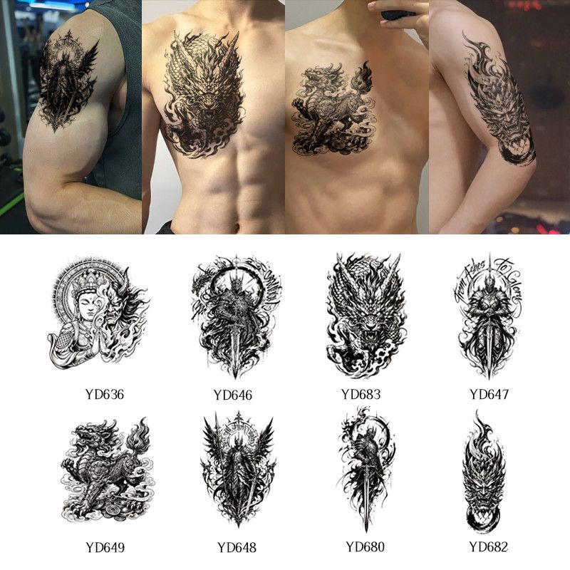 Dark Warrior Knight Herbal Tattoo Sticker for Men Dragon Kirin Flower Arm Scar Cover Waterproof Long-Lasting Realistic Temporary Tattoo