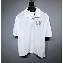 Unisex mens spring and summer heavy duty rhinestone embroidered lapel half-sleeved short-sleeved shirt