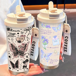 Minimalist Butterfly Thermos Cup Stainless Steel Portable Double Drink Coffee Cup 2025 New arrival Women's Straw Water Cup Hit Style