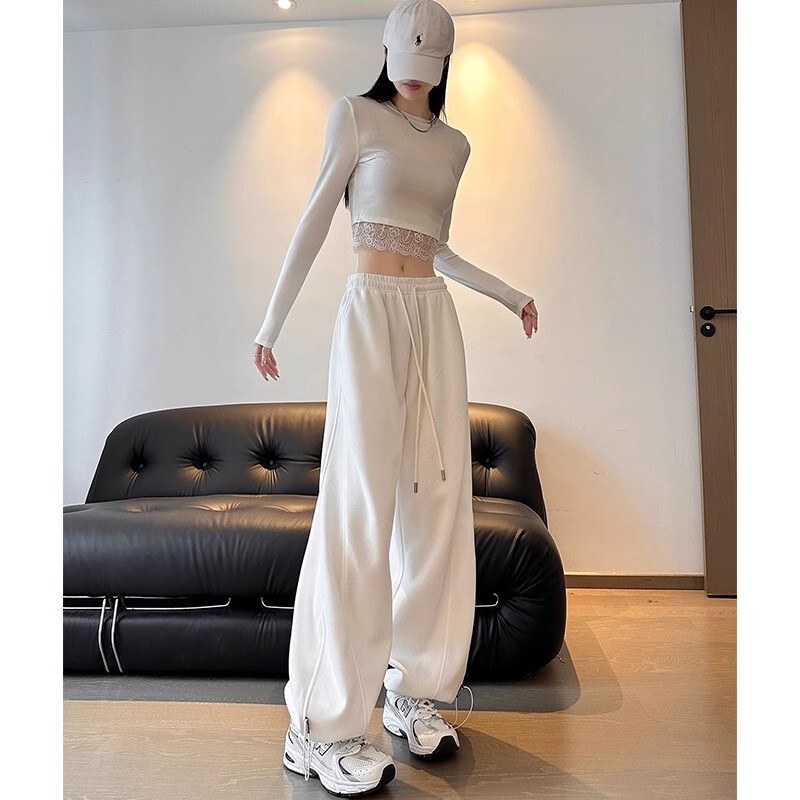 White Sweatpants for Women, Spring, Autumn, and Summer 2026 New Style, High-Waisted, Straight-Leg, Drapey, Casual Banana Wide-Leg Pants