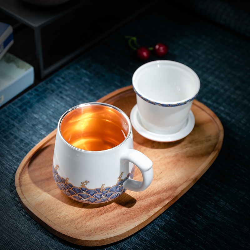 Enamel Silver-Plated Office Cup, Chinese-Style Ceramic Water Cup, Tea-Water Separation Cup with Lid, Large Capacity Mug, Silver Cup Enamel Silver-Plated Office Cup, Chinese-Style Ceramic Water Cup, Tea-Water Separation Cup with Lid, Large Capacity Mug, Silver Cup