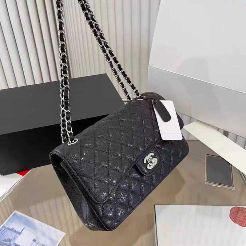 Suitable for Hong Kong Imitation Luxury Women's Bags, Chanel Black and Silver Cf Caviar Leather Bag with Quilted Chain for Shoulder and Crossbody Wear