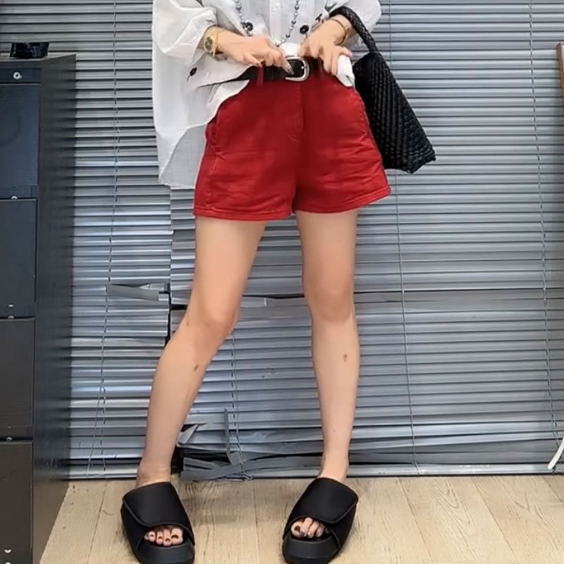 Red Denim Shorts for Women, Summer Thin Style, Plus Size, High-Waisted, Slimming, Petite, Fashionable, Versatile, Hot Girl Three-Quarter Shorts