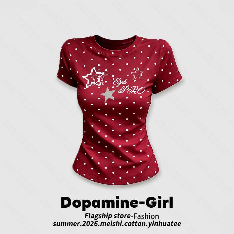 Zhap Round Neck, Regular Shoulder, Short Sleeve, Burgundy Polka Dot, Pure Desire Fashion, Casual, Unique Design, Slim Fit Top