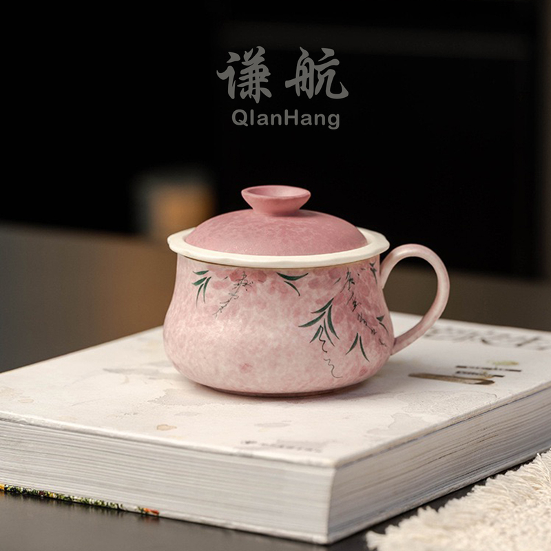 Qianhang Hand-Painted Wisteria Ceramic Tea and Coffee Cup, Personal Tea-Water Separation Office Cup, Home Mug, Travel Size
