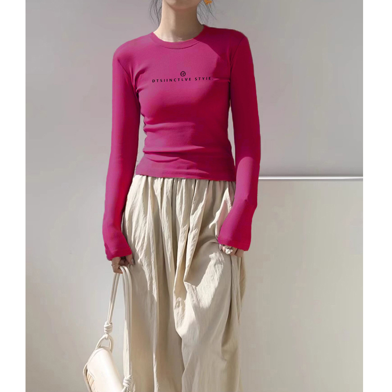 Temperament Rose Red Right Shoulder Long-Sleeved Bottoming T-Shirt for Women Autum New 2024 Cotton Slimming Look Popular Top