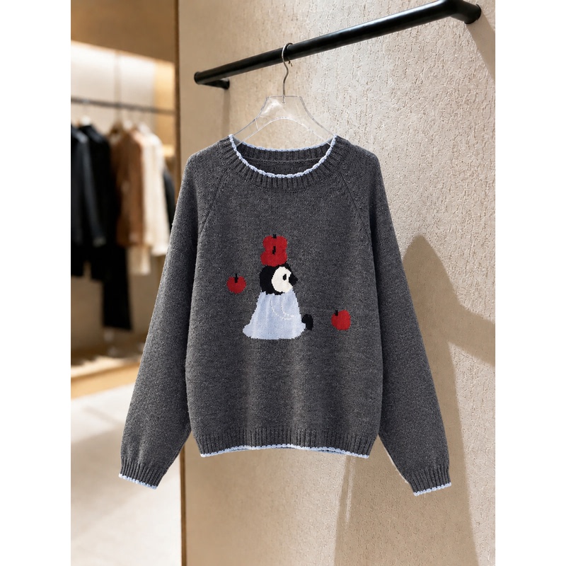 Cute Penguin Jacquard Pullover Sweater for Women, New Autumn Style, Casual Gray Round Neck Long-Sleeve Versatile Sweater