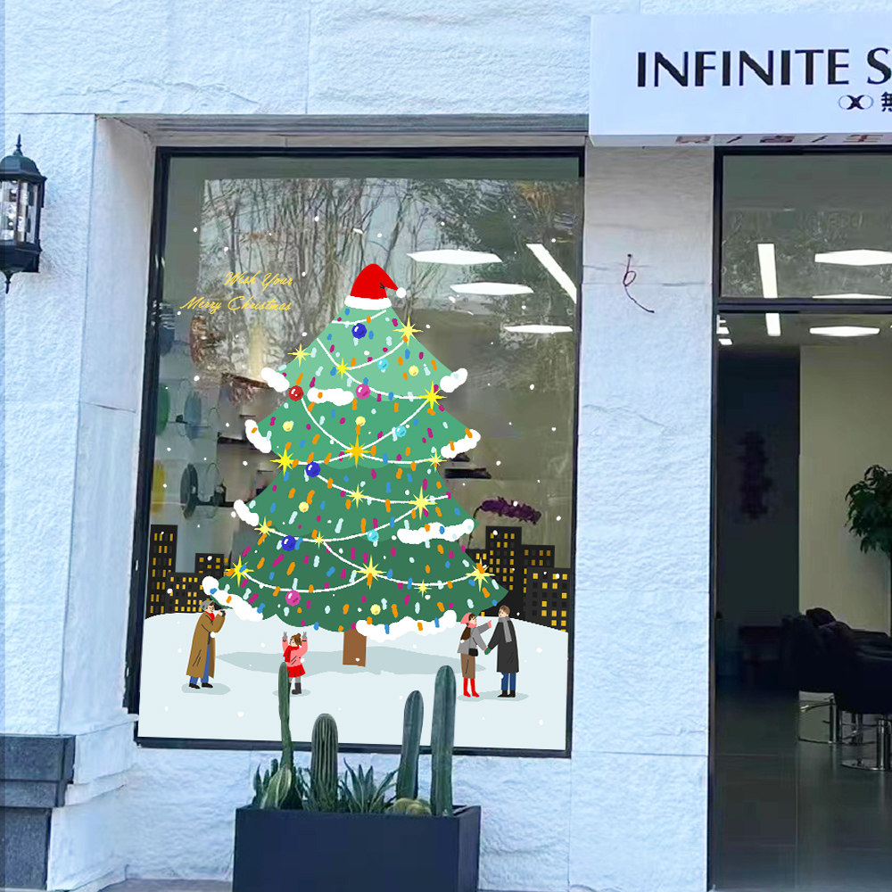 2026年のクリスマスにぴったりの、インスタ映えするデコレーションステッカー、漫画風のクリスマスツリーの飾り、ガラス製ディスプレイケースのドアや窓用のデカール。