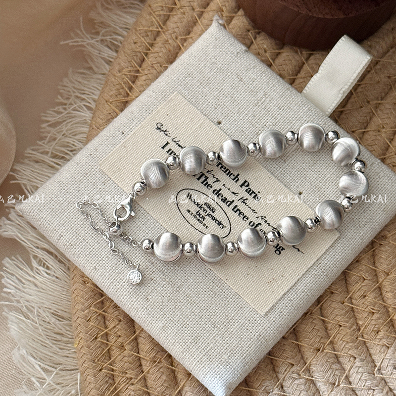 S999 Pure Silver Brushed Cat's Eye Silver Bead Bracelet for Women, Light Luxury Fashion Simple Fortune Bead Bracelet High-End Jewelry