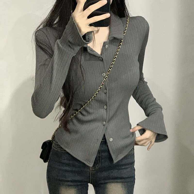 Pure Desire Gray Polo Collar Spicy Girl Autumn Long-Sleeve Shirt for Women with a Design Sense, Bell Sleeves, Waist-Cinching, Slimming, Solid Color Shirt