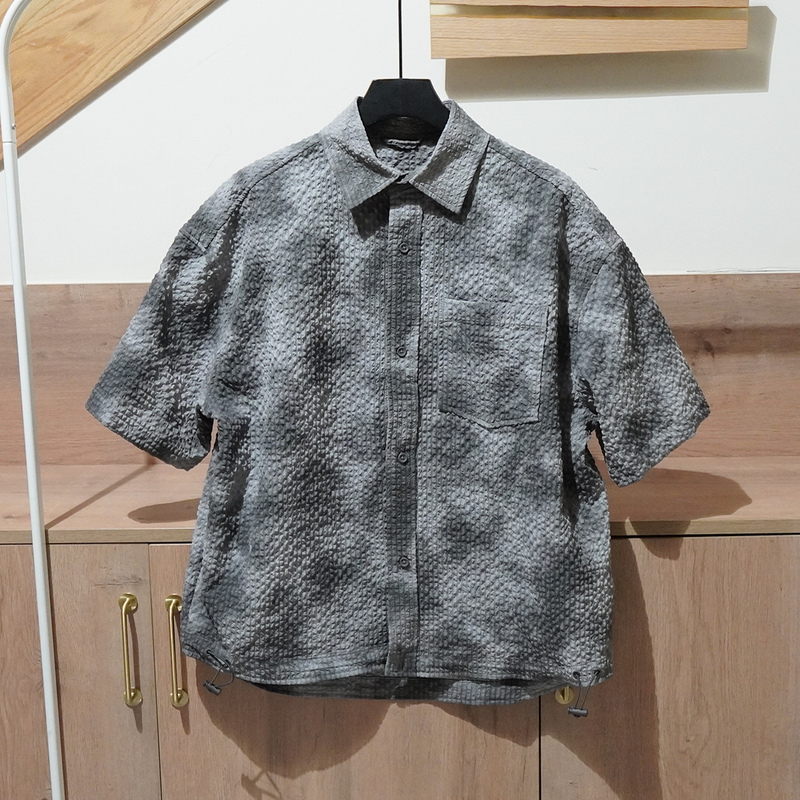 Original - Spanish Men's Camouflage Floral Gray Textured Pleated Bubble Gauze Short-Sleeved Shirt Shirt 7380761