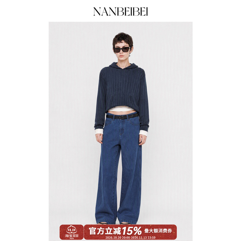 Nanbeibei Women's Summer Loose Casual Cotton High-End Blue Minimalist Buttoned Straight-Leg Jeans Nanbeibei Women's Summer Loose Casual Cotton High-End Blue Minimalist Buttoned Straight-Leg Jeans