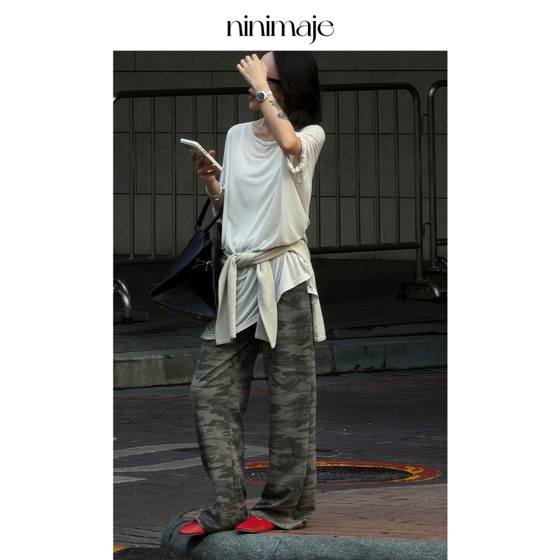 Nanbeibei American-Style Wide-Leg Elastic Waist Camouflage Sports Casual Pants Trendy Loose Straight-Leg Long Pants