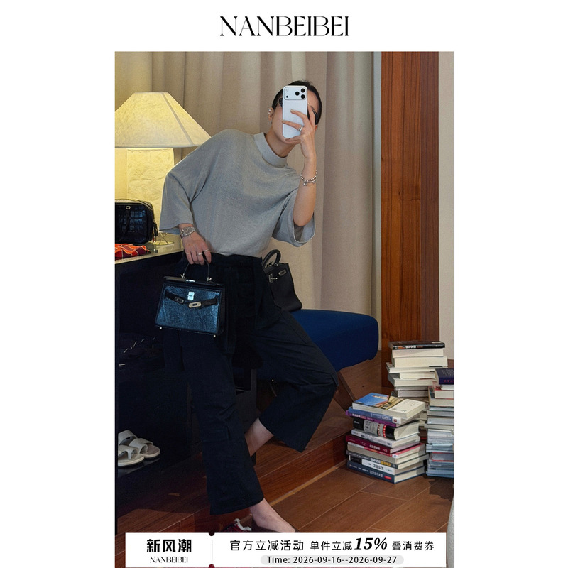 Nanbeibei Summer New Style Cropped Pants with Slight Flare, Women's Cargo Pants with Pockets, Black Seven-Point Pants