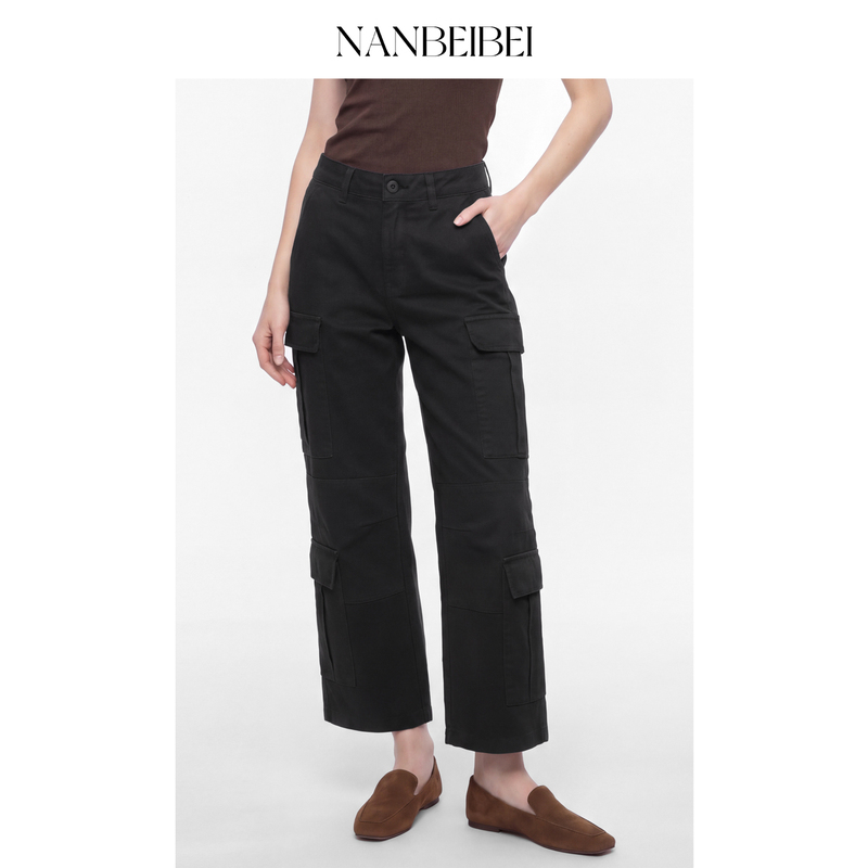 Nanbeibei Summer New Style Cropped Pants with Slight Flare, Women's Cargo Pants with Pockets, Black Seven-Point Pants Nanbeibei Summer New Style Cropped Pants with Slight Flare, Women's Cargo Pants with Pockets, Black Seven-Point Pants
