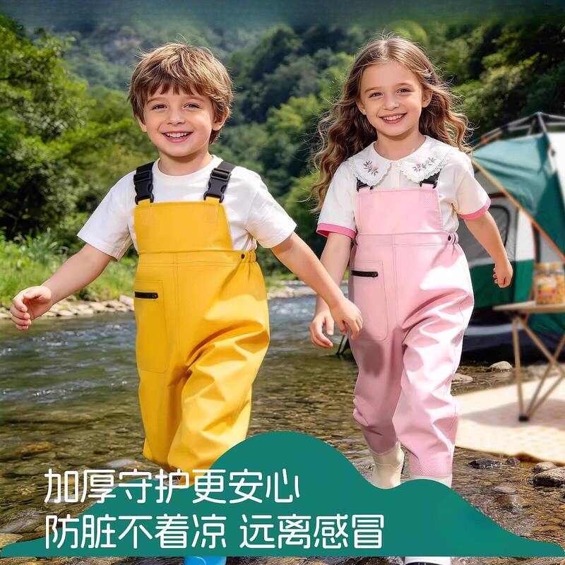 Children's Waterproof Overalls for Playing in Water, Catching Fish, and Wading in the Sea, with Integrated Rain Boots and Full-Body Waterproof Design