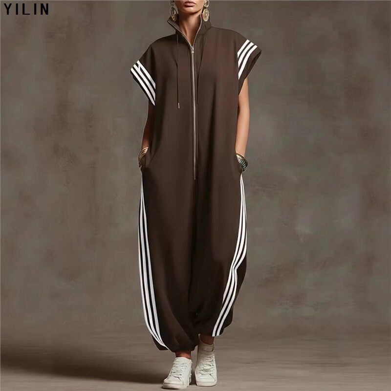 Yilin 2026 European and American Style Jumpsuit Striped Short-Sleeved Jumpsuit for Women 100% Polyester Fiber