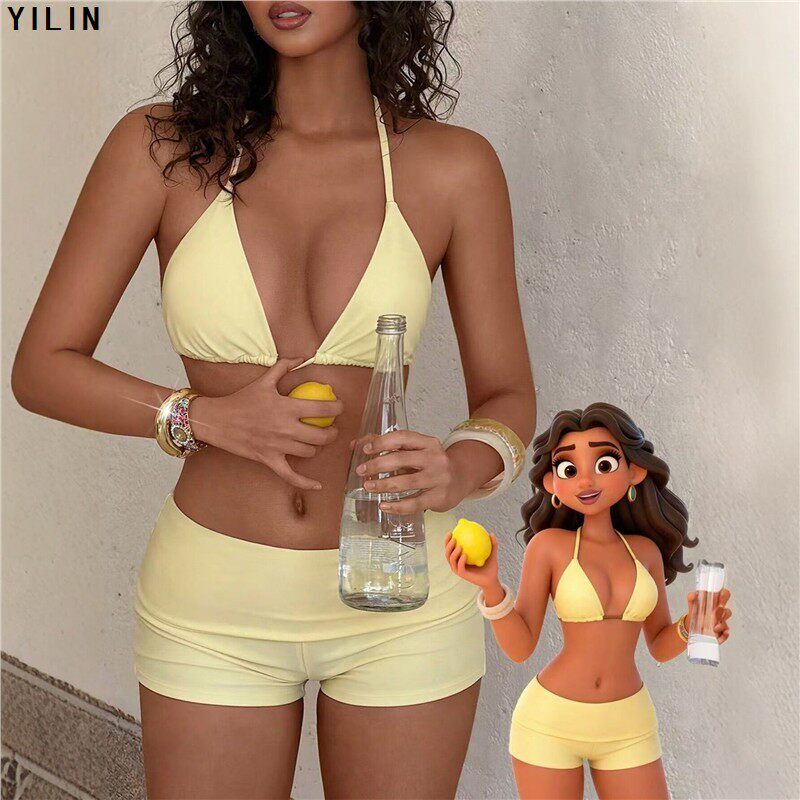 Yilin New European and American Style Solid Color Halter Bikini Two-Piece Set Hot Girl Anti-Exposure Shorts Swimsuit Yilin New European and American Style Solid Color Halter Bikini Two-Piece Set Hot Girl Anti-Exposure Shorts Swimsuit