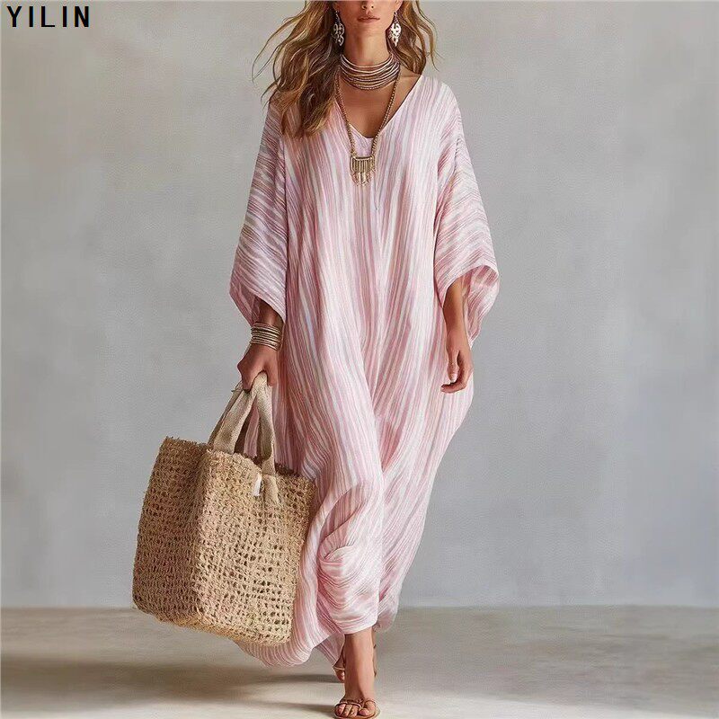 Yilin European and American Style Dress with Digital Print, V-Neck, Half-Sleeve, Kaftan Long-Sleeve Shirt Dress, Loose Fit