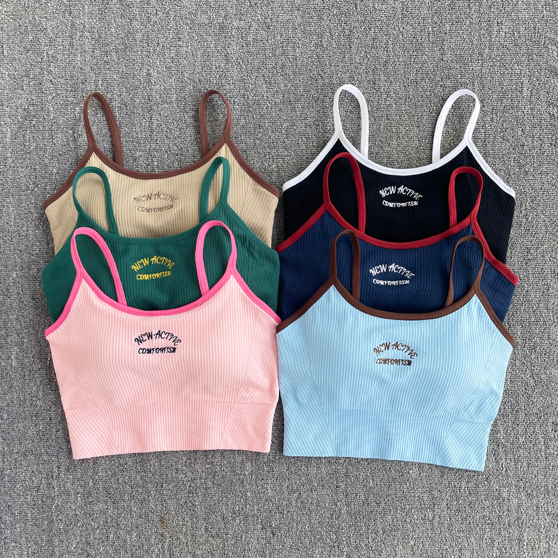 Fixed Chest Pad Sling American Retro Elastic Fitness Yoga Style Color-Blocking Sports Bra Shockproof Seamless Ribbed Tank Top