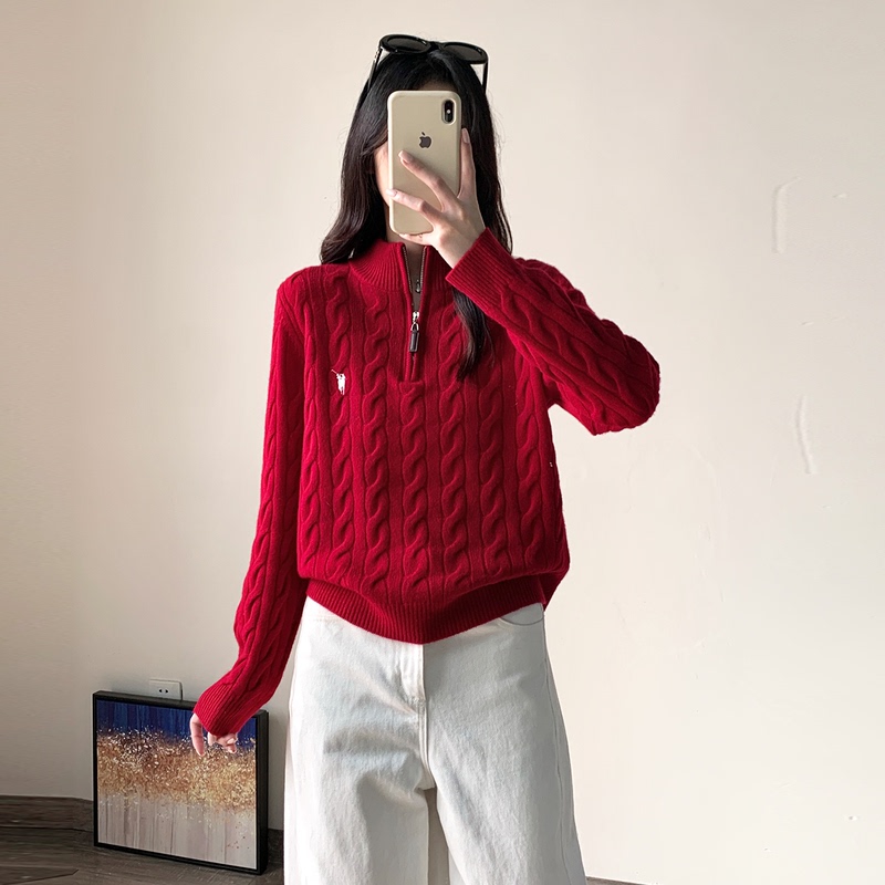 Red Sweater for Women, New Spring Style, Old Money Style, Embroidered Cable Knit, Pure Wool Pullover, Half-Zip Knit Top